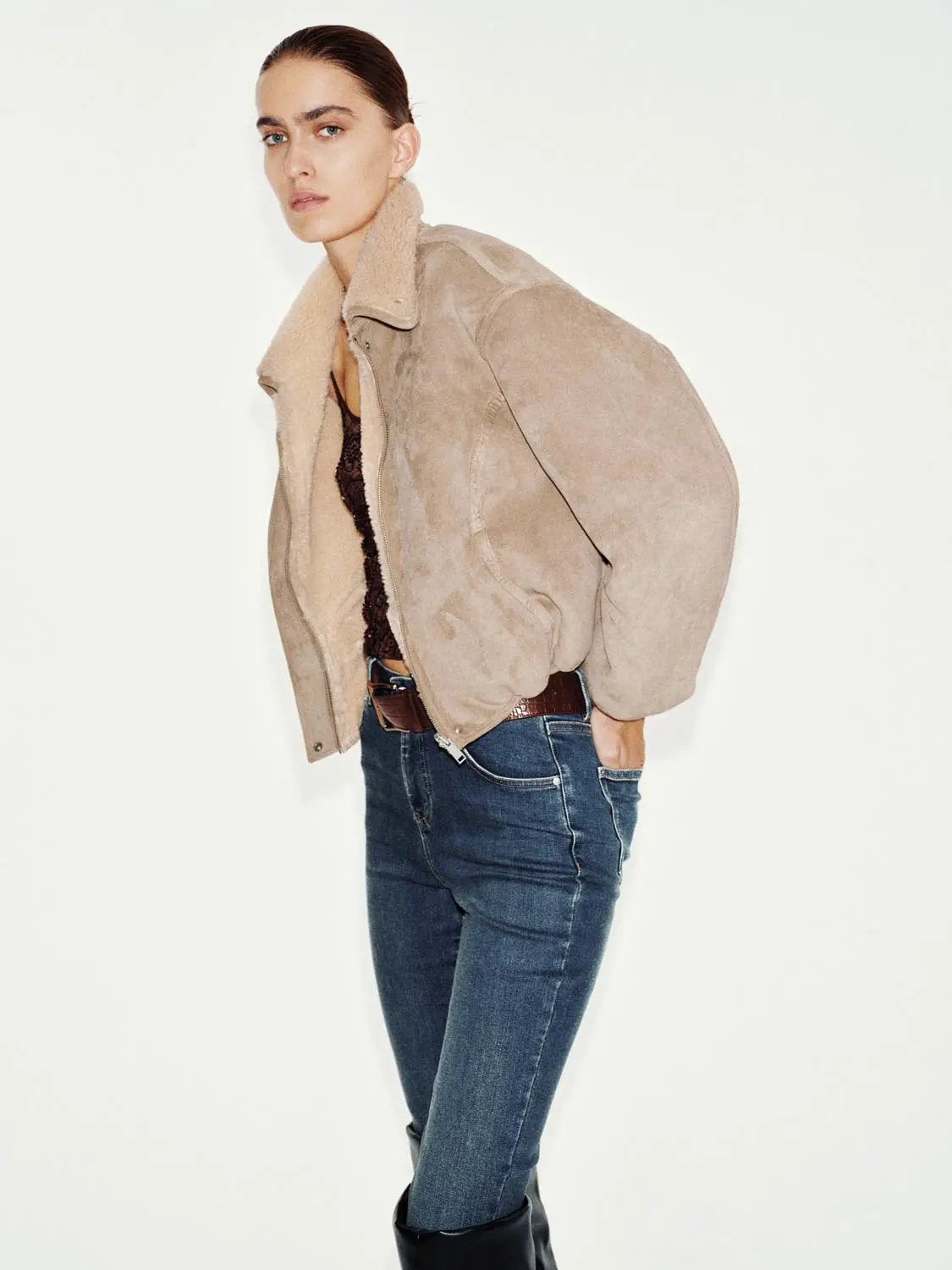 Oversized Collar Zip Front Long Sleeve Teddy Jacket