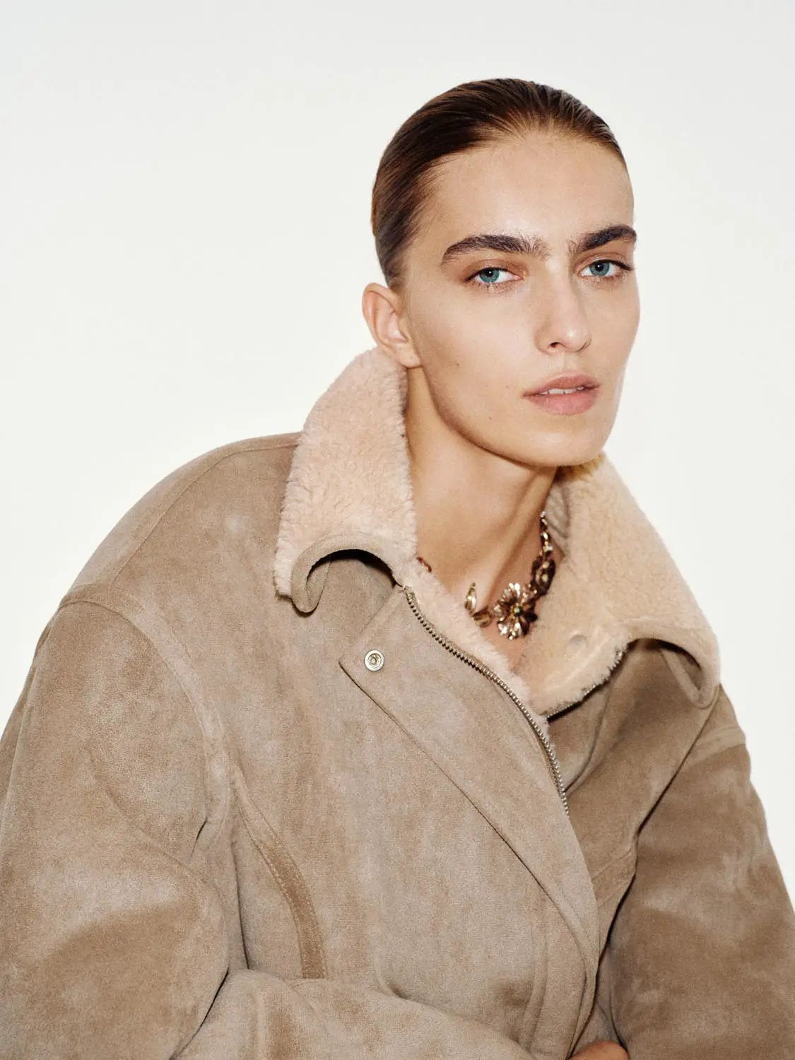 Oversized Collar Zip Front Long Sleeve Teddy Jacket
