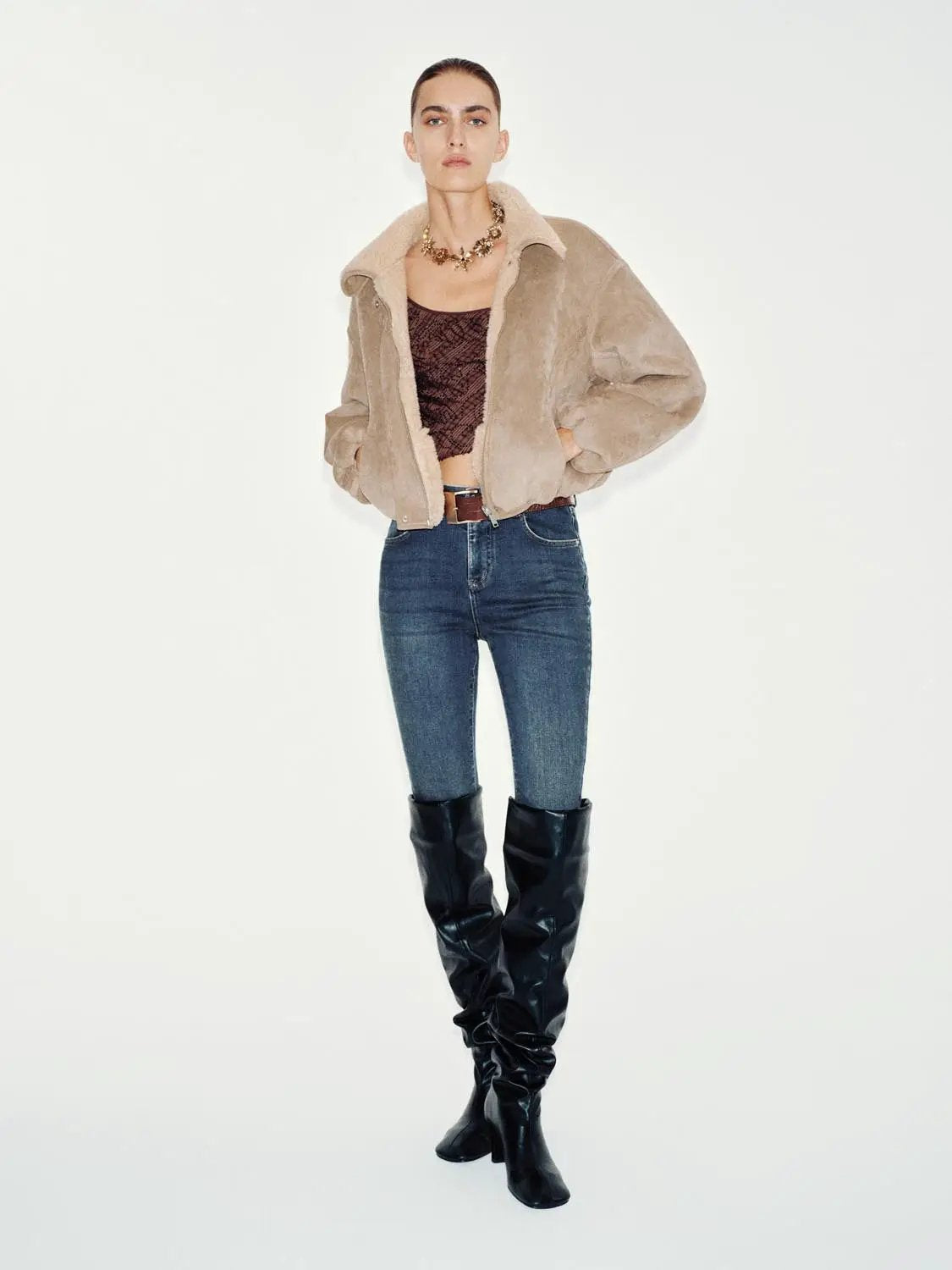 Oversized Collar Zip Front Long Sleeve Teddy Jacket