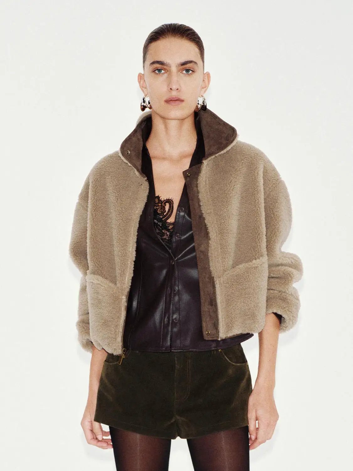 Oversized Collar Zip Front Long Sleeve Teddy Jacket