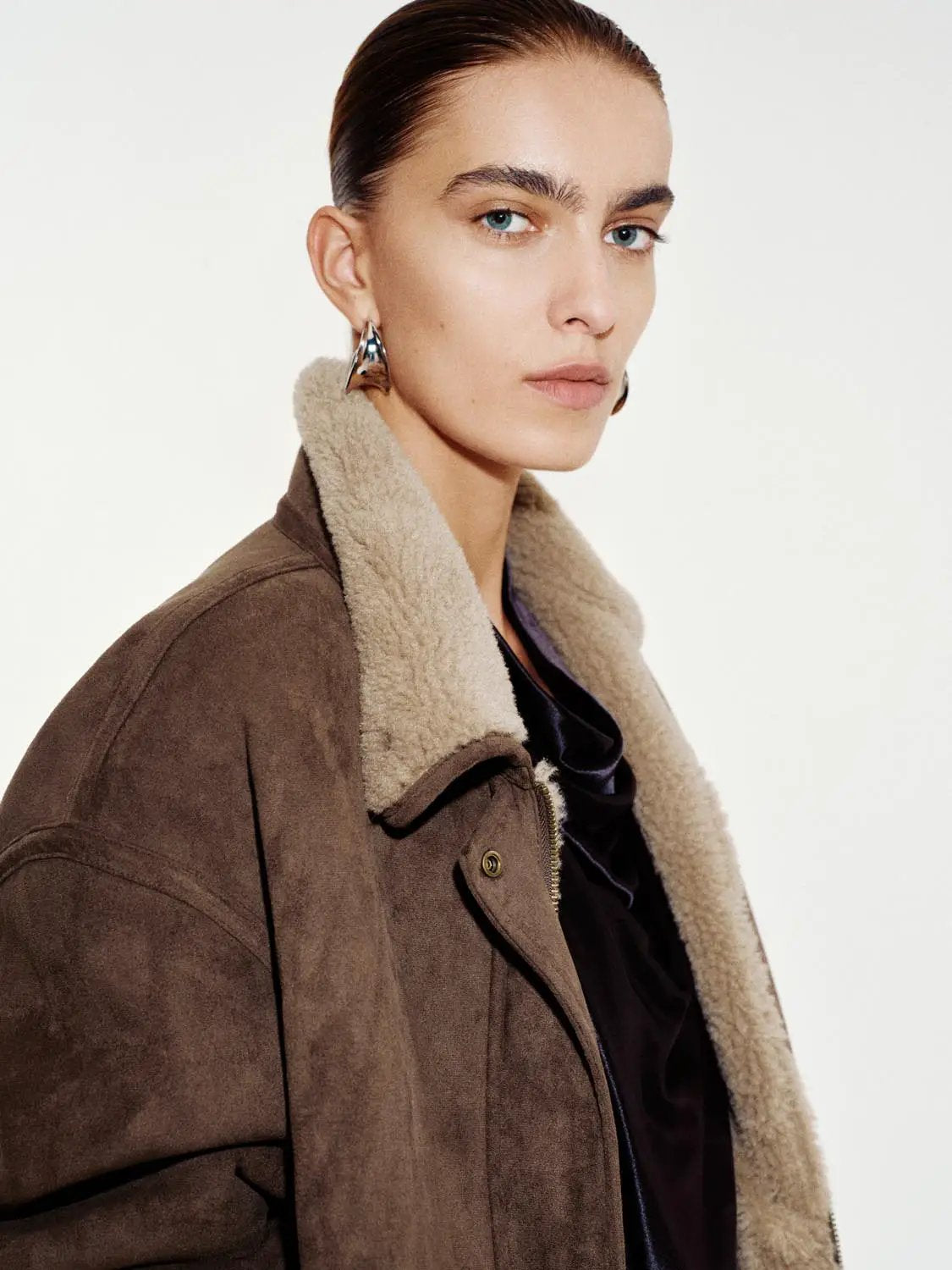 Oversized Collar Zip Front Long Sleeve Teddy Jacket