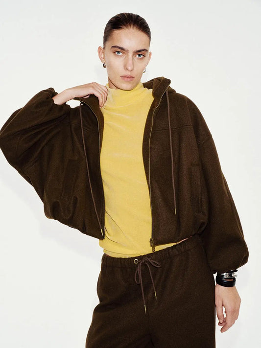 Zip Front Hooded Oversized Textured Long Sleeve Jacket