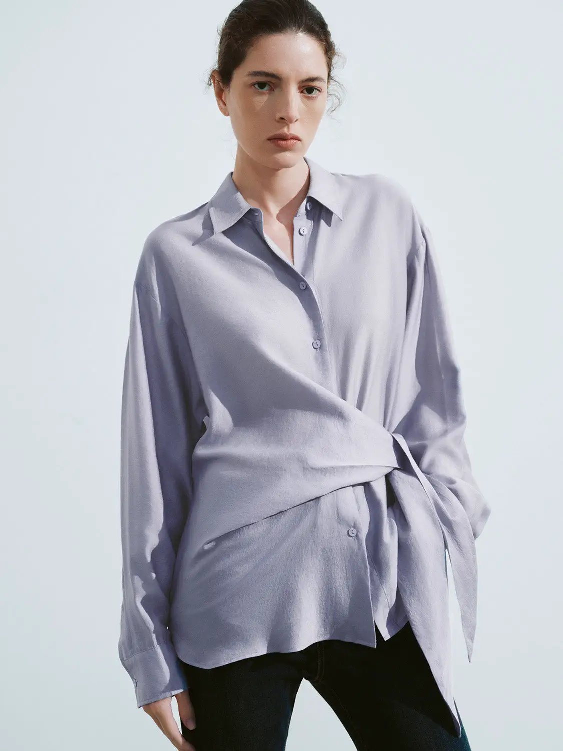 Shirt Collar Long Sleeve Wrap Tie Side Button Up Shirt
