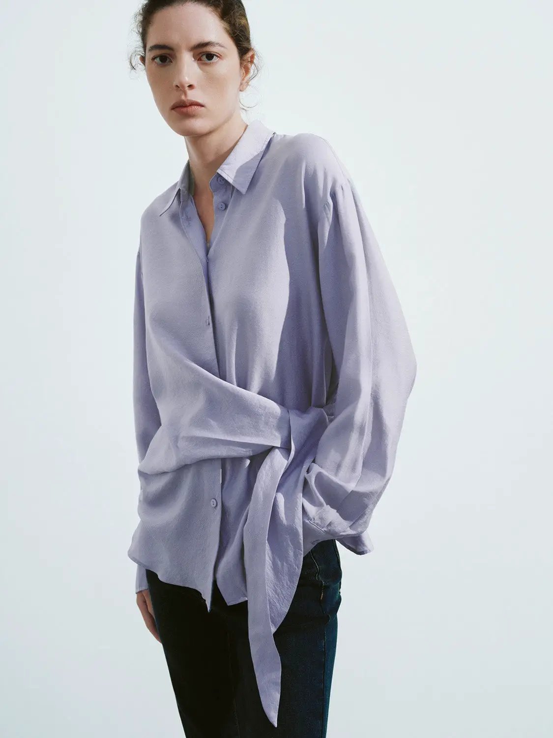 Shirt Collar Long Sleeve Wrap Tie Side Button Up Shirt
