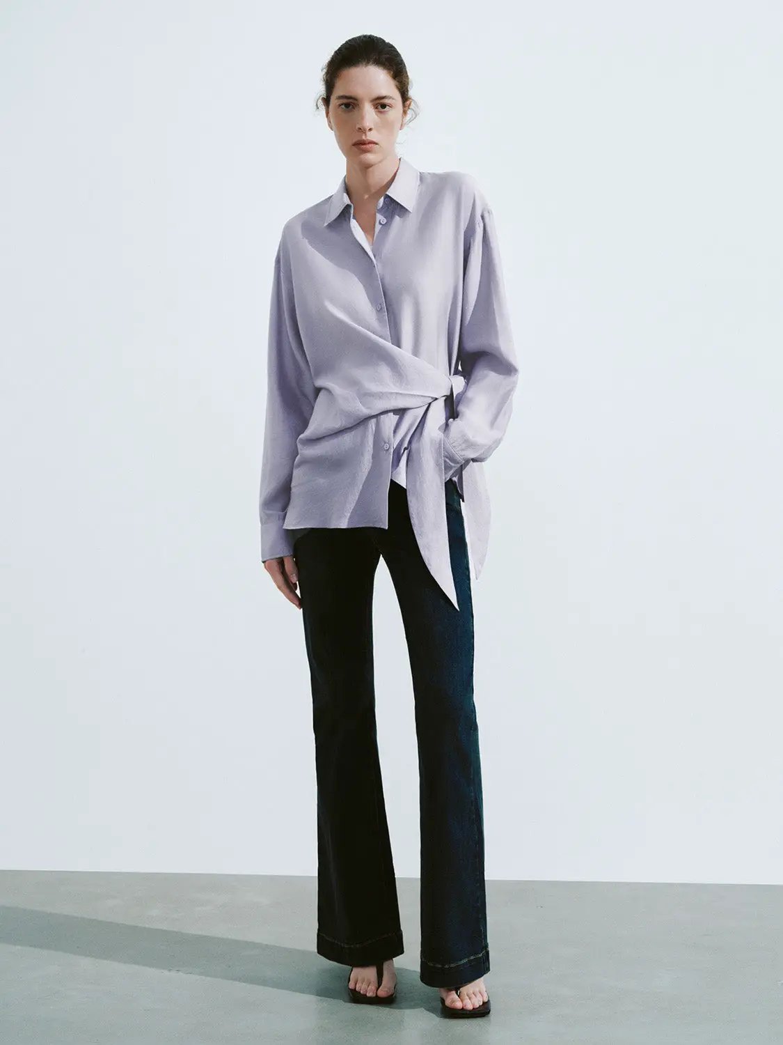 Shirt Collar Long Sleeve Wrap Tie Side Button Up Shirt