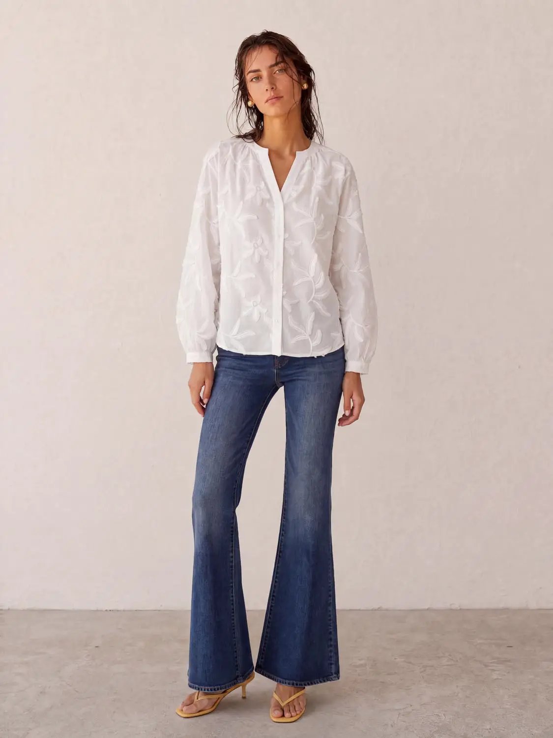 Notch Collar Floral Embroidery Long Sleeve Cotton Shirt