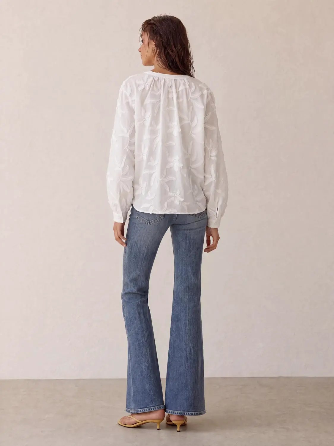 Notch Collar Floral Embroidery Long Sleeve Cotton Shirt