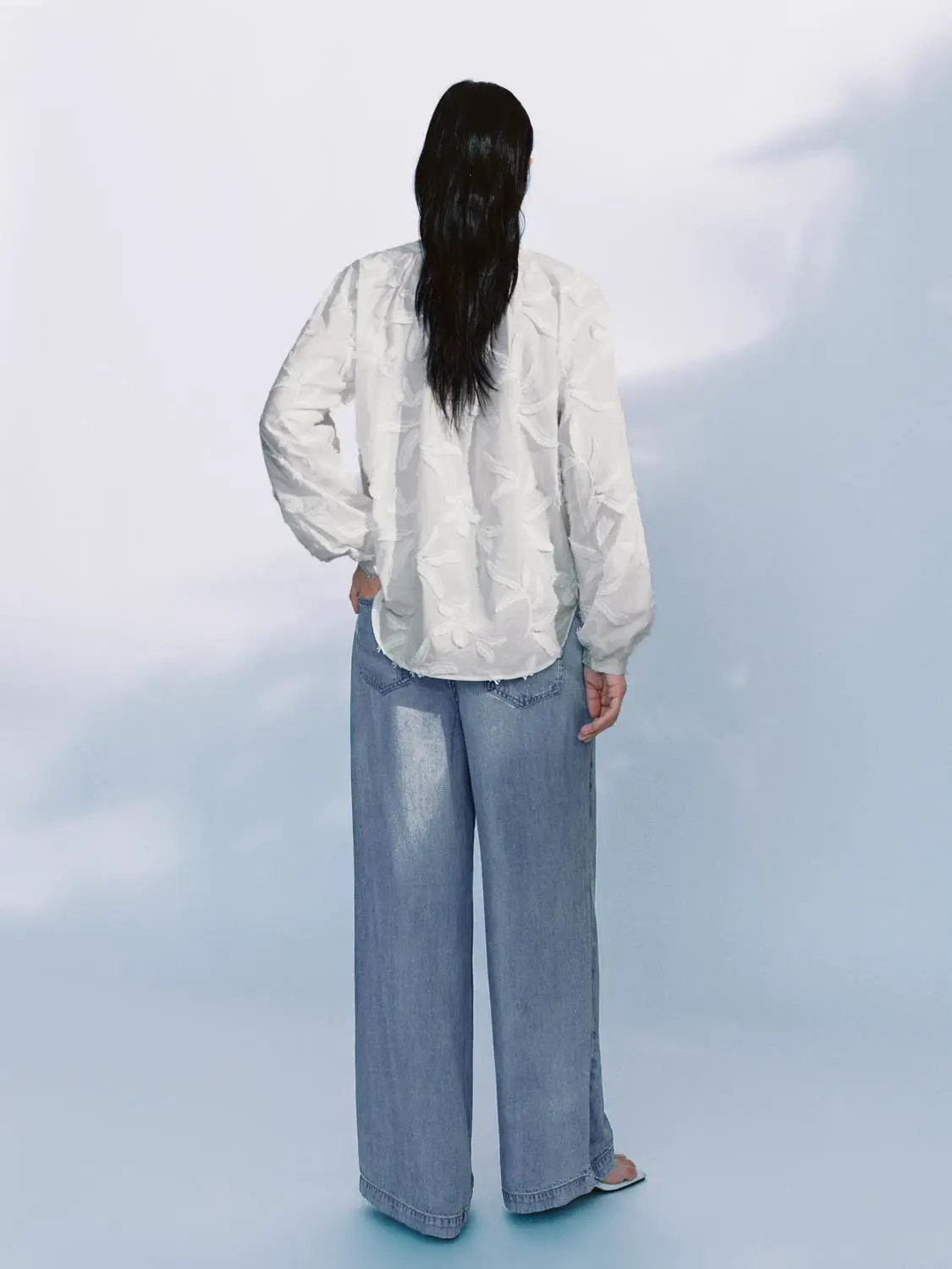 Notch Collar Floral Embroidery Long Sleeve Cotton Shirt