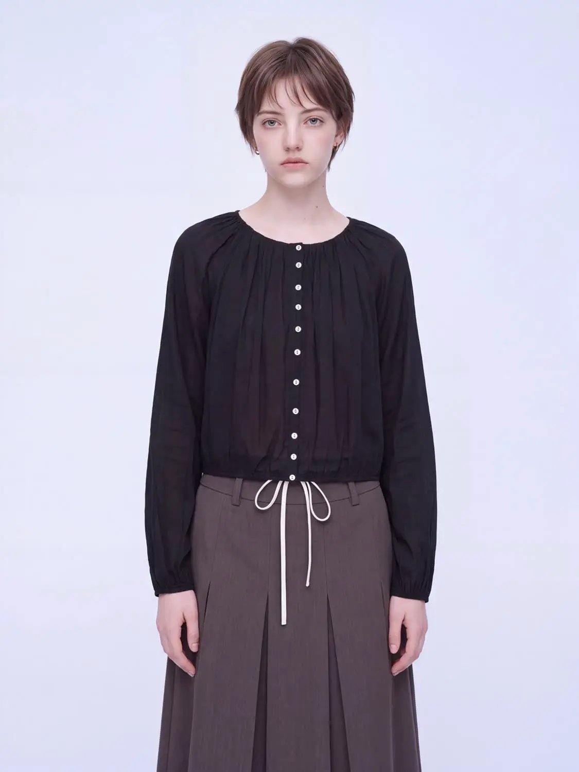 Round Neck Raglan Sheer Sleeve Front Button Crop Shirt