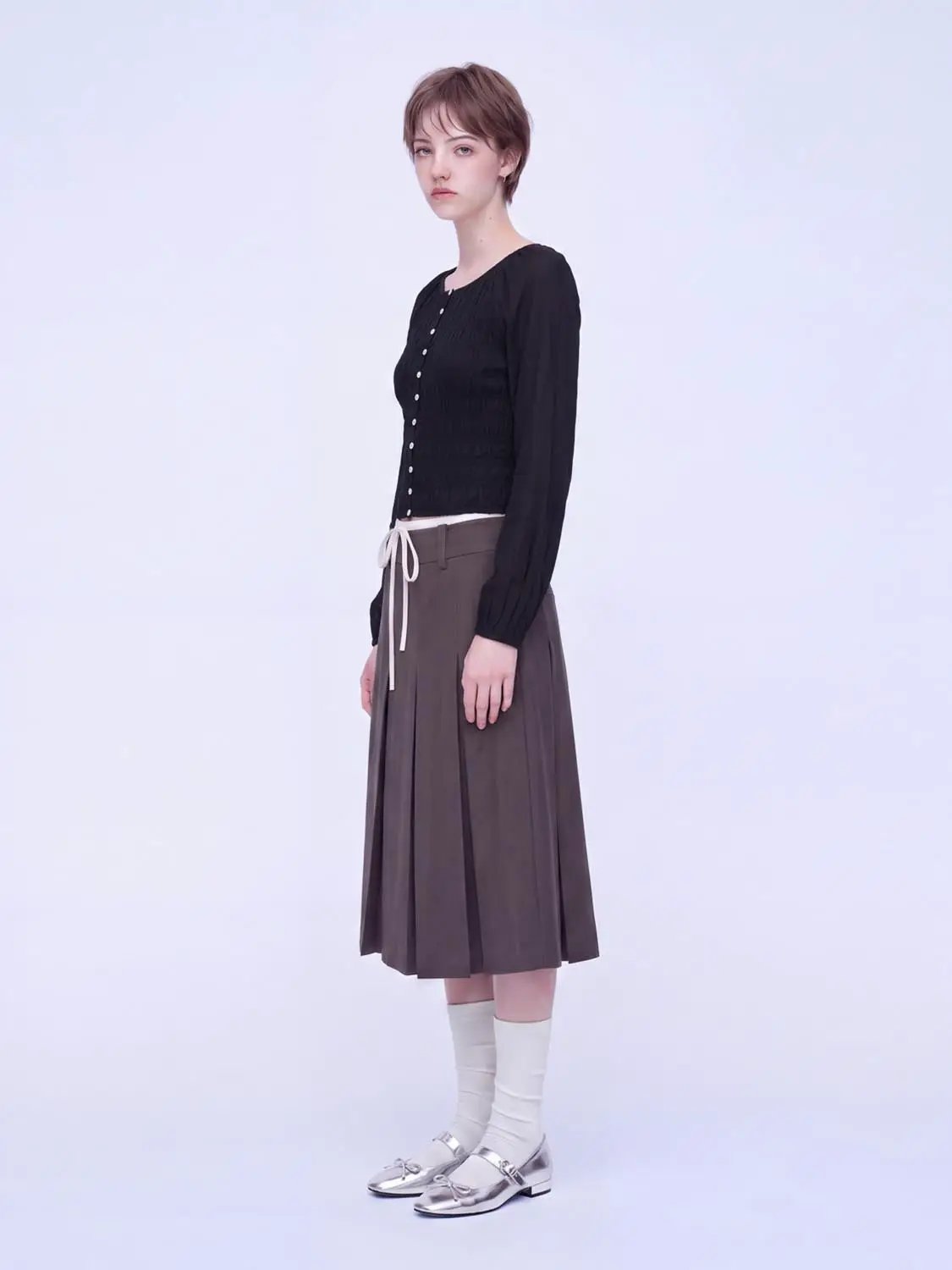 Round Neck Raglan Sheer Sleeve Front Button Crop Shirt