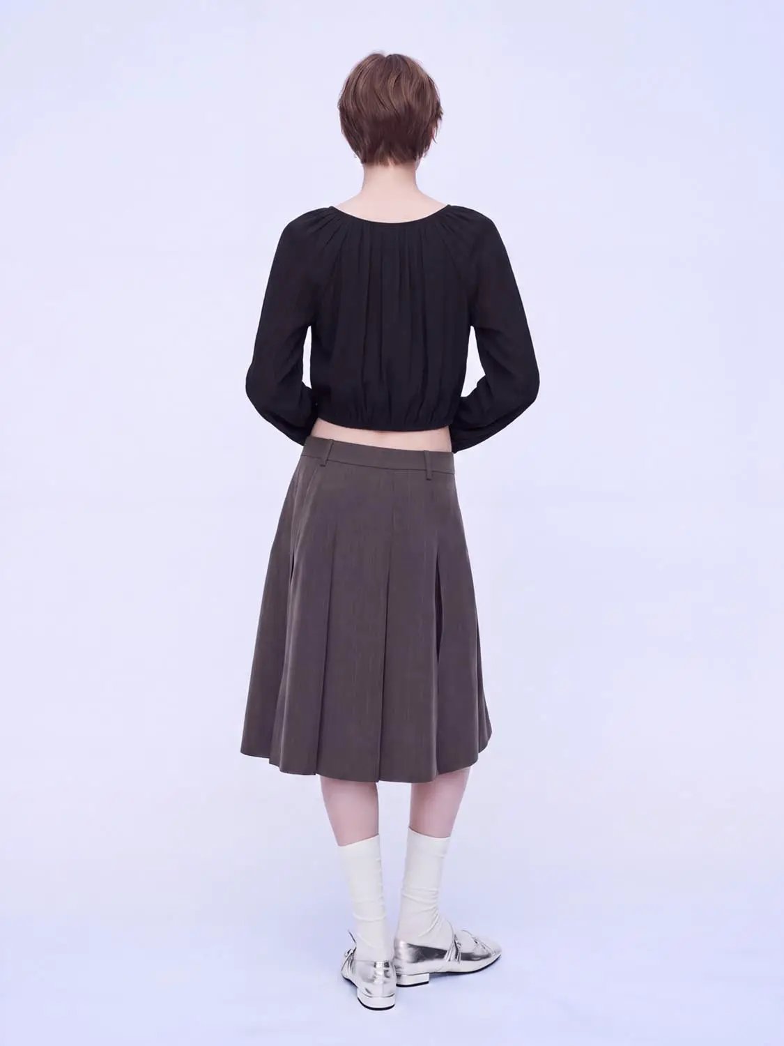 Round Neck Raglan Sheer Sleeve Front Button Crop Shirt