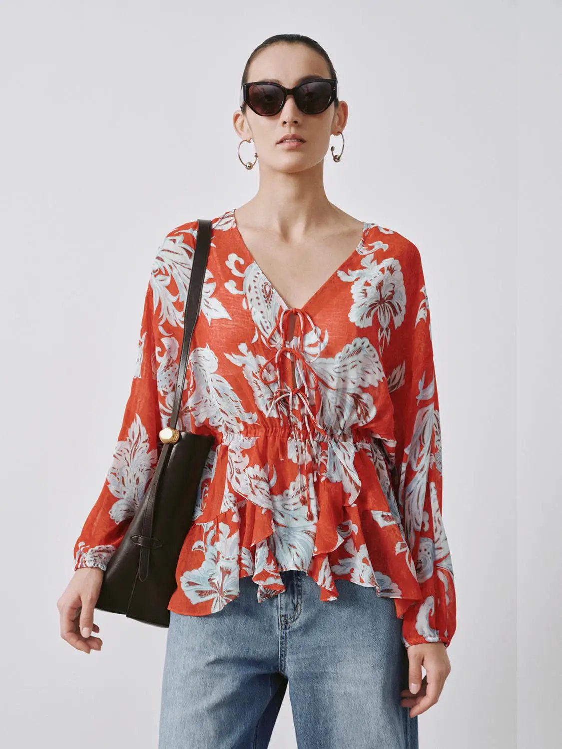 V-Neck Tie Detail Floral Intarsia Long Sleeve Overhead Shirt