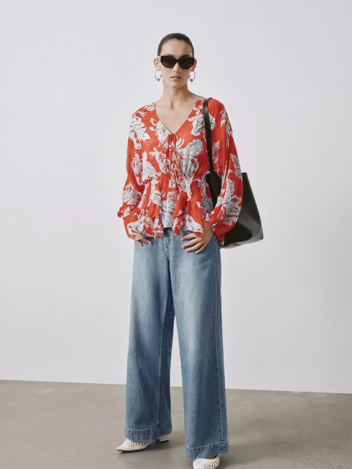 V-Neck Tie Detail Floral Intarsia Long Sleeve Overhead Shirt
