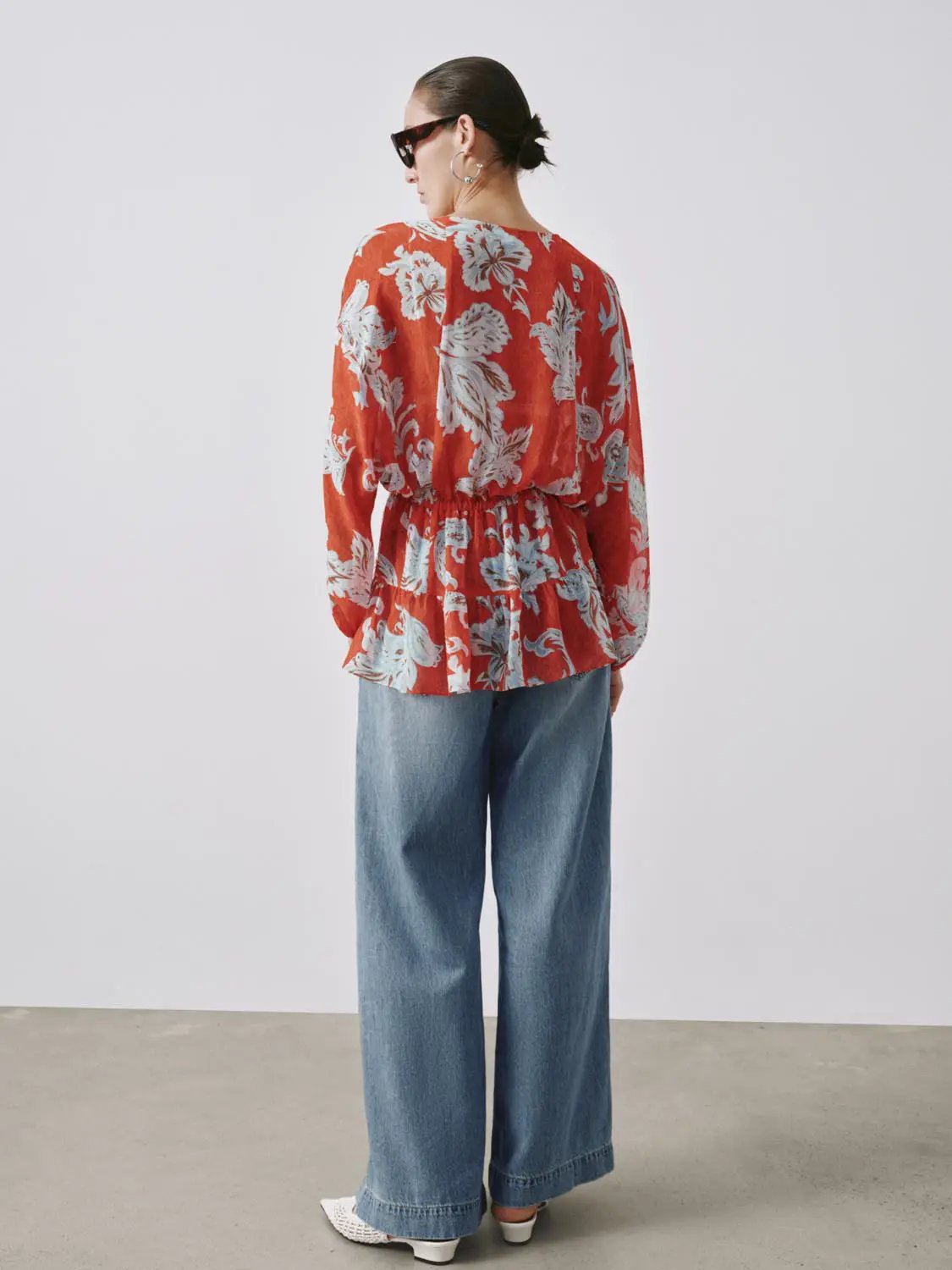 V-Neck Tie Detail Floral Intarsia Long Sleeve Overhead Shirt