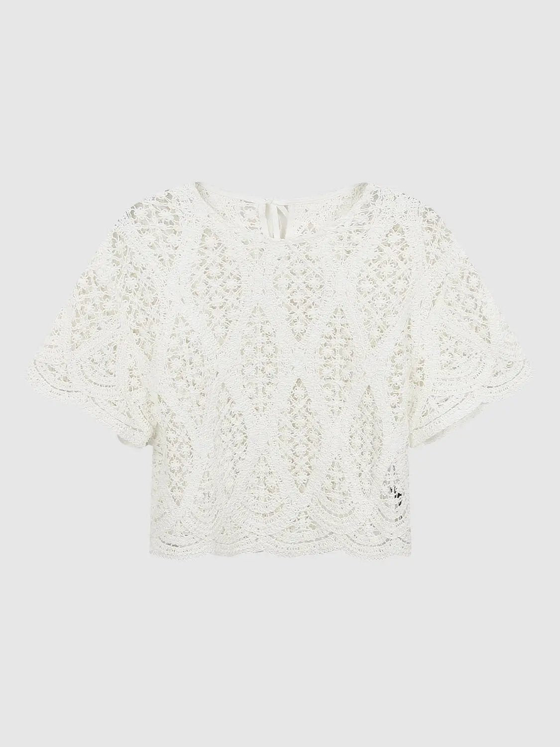 Round Neck Crochet Hollow Out Knit Cropped Short Sleeve Top