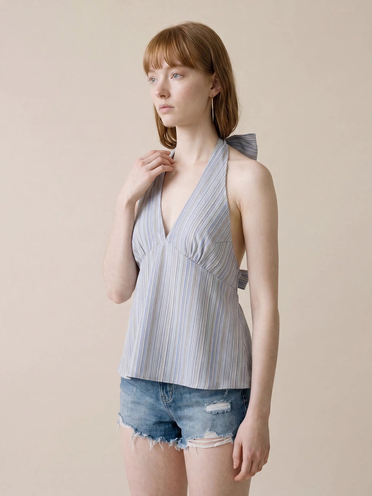 Striped Halter Neck Front Twist Cotton Camisole