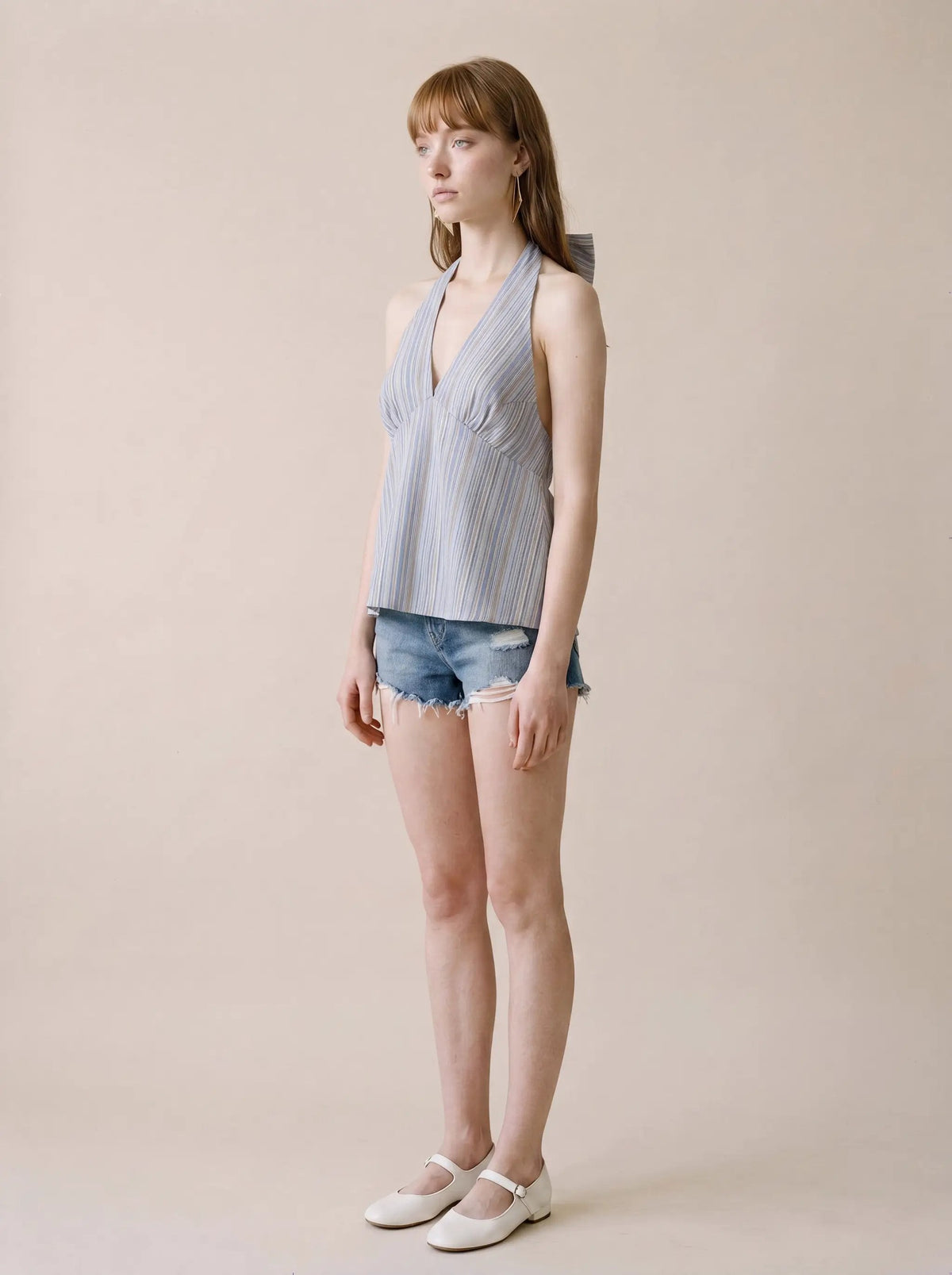 Striped Halter Neck Front Twist Cotton Camisole