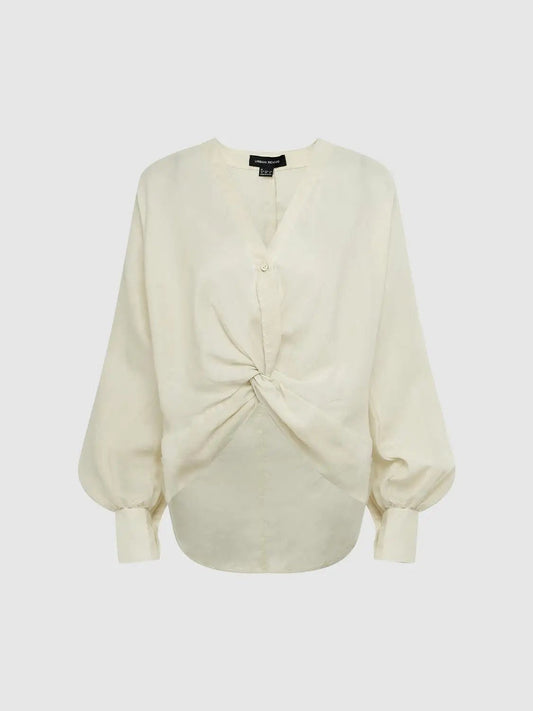 Twisted V-neck Long Sleeve Ramie Blend Blouse