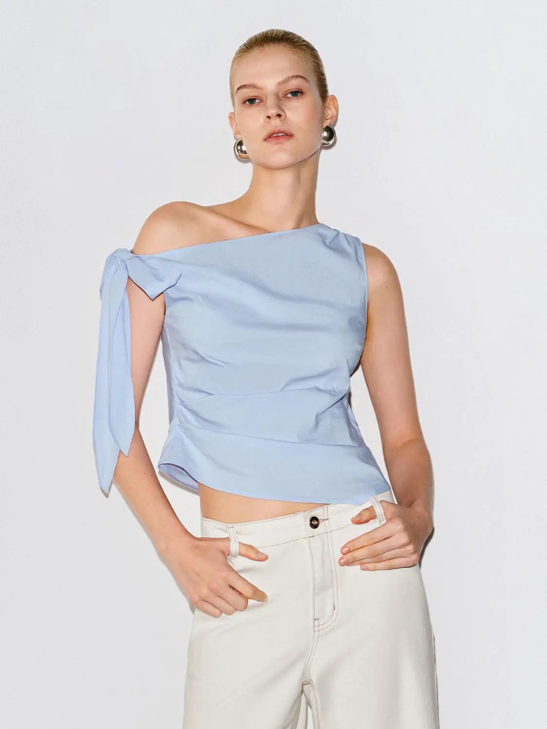 Pastel Blue Lightweight One Shoulder Shirt