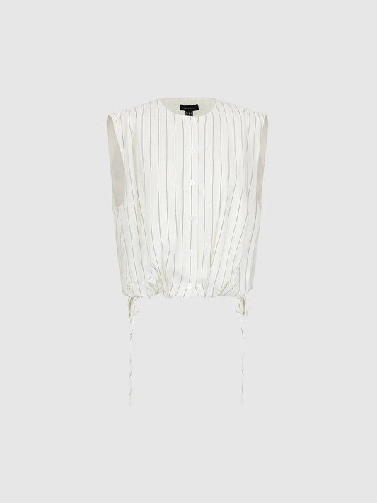 Striped Button Front Tie Hem Crew Neck Sleeveless Shirt