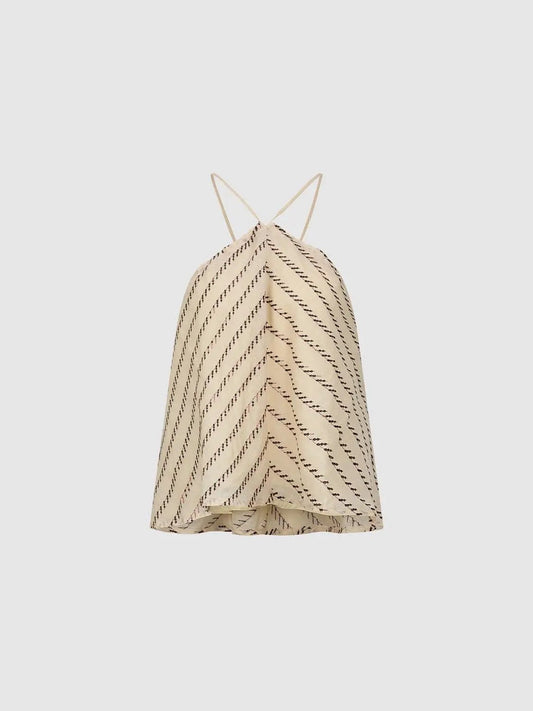 Striped Curved Hem Lined Sleeveless Ramie Blouse