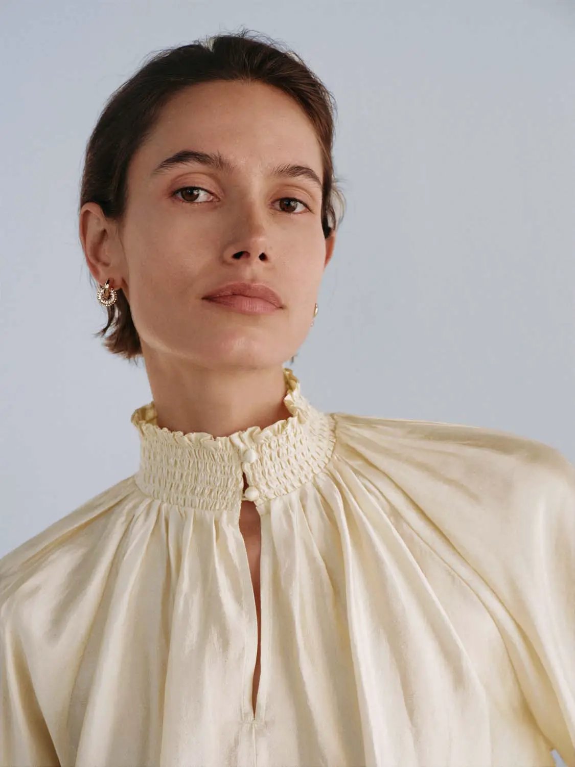 Ruched Keyhole Neck Long Sleeve Ruffle Cuff Shirt