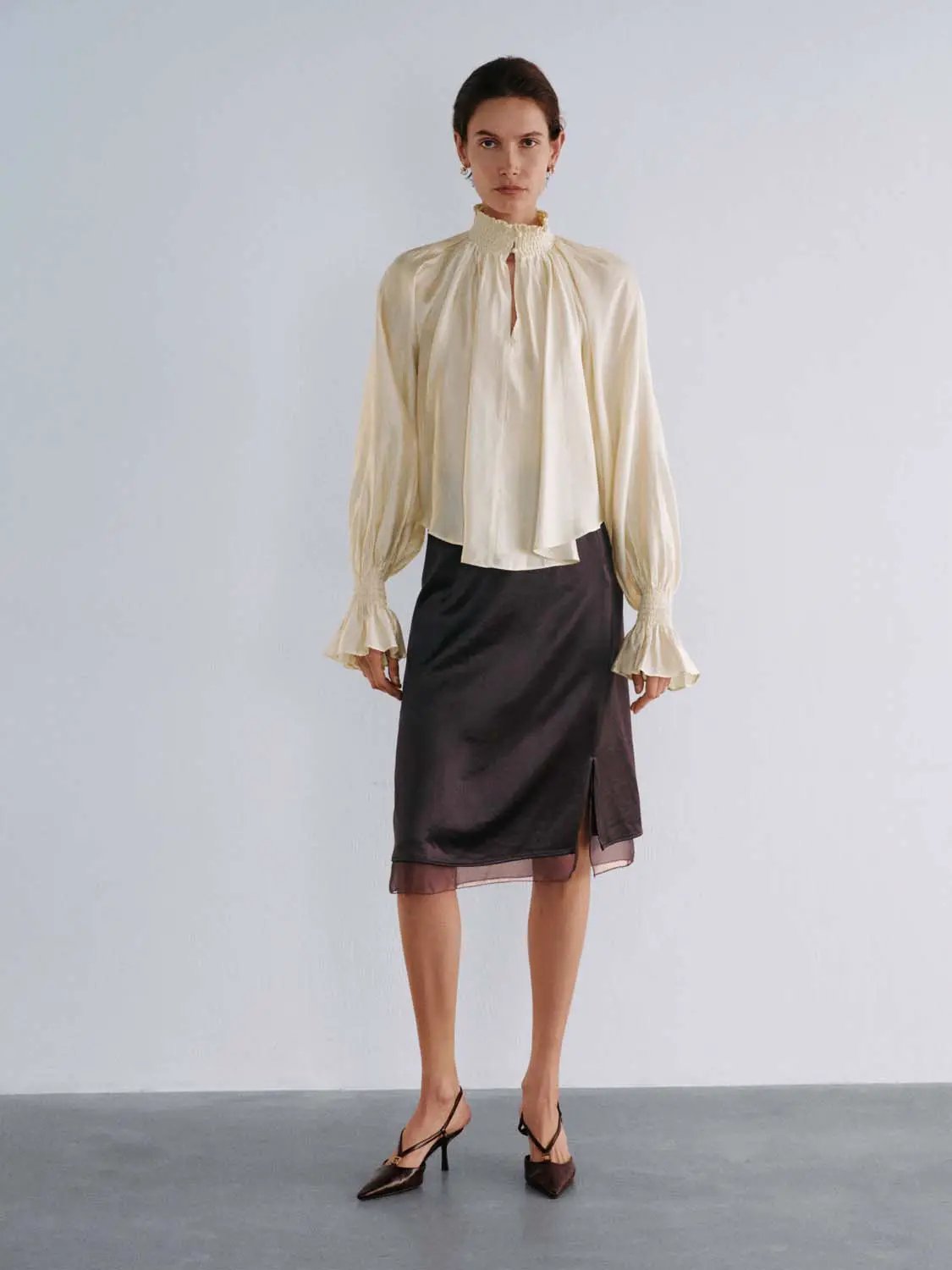 Ruched Keyhole Neck Long Sleeve Ruffle Cuff Shirt