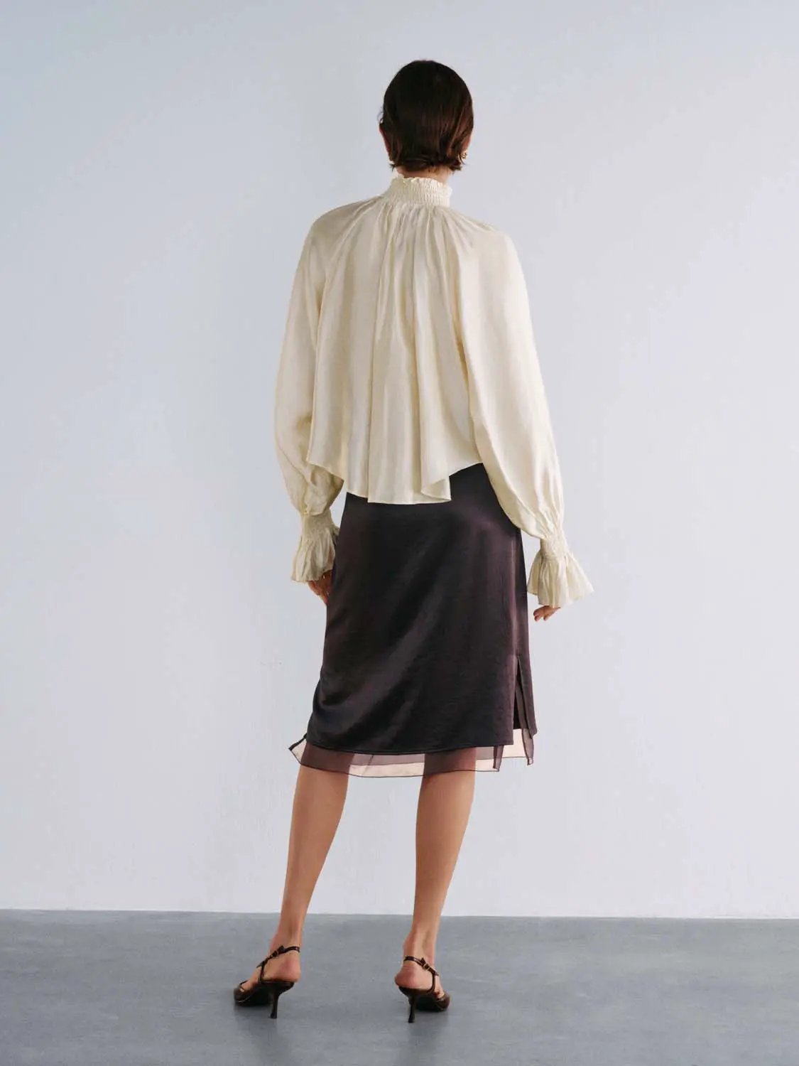 Ruched Keyhole Neck Long Sleeve Ruffle Cuff Shirt