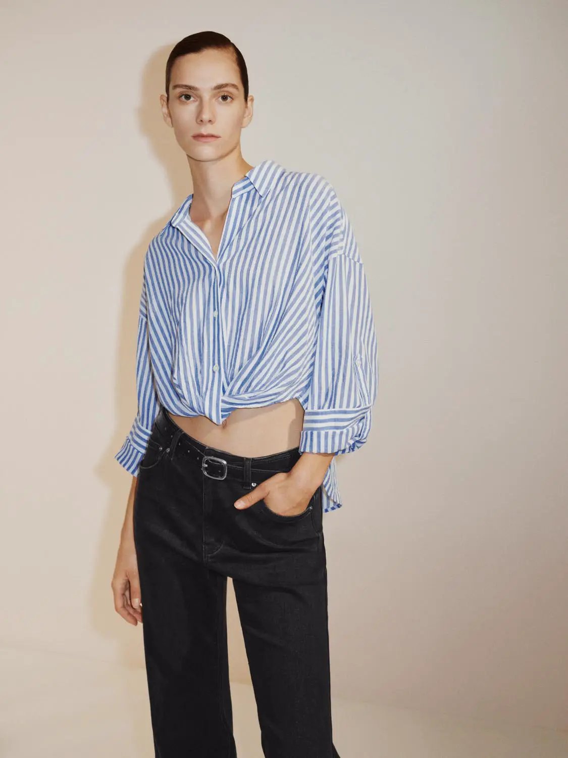 Twisted Front Striped Long Sleeve Cotton Shirt