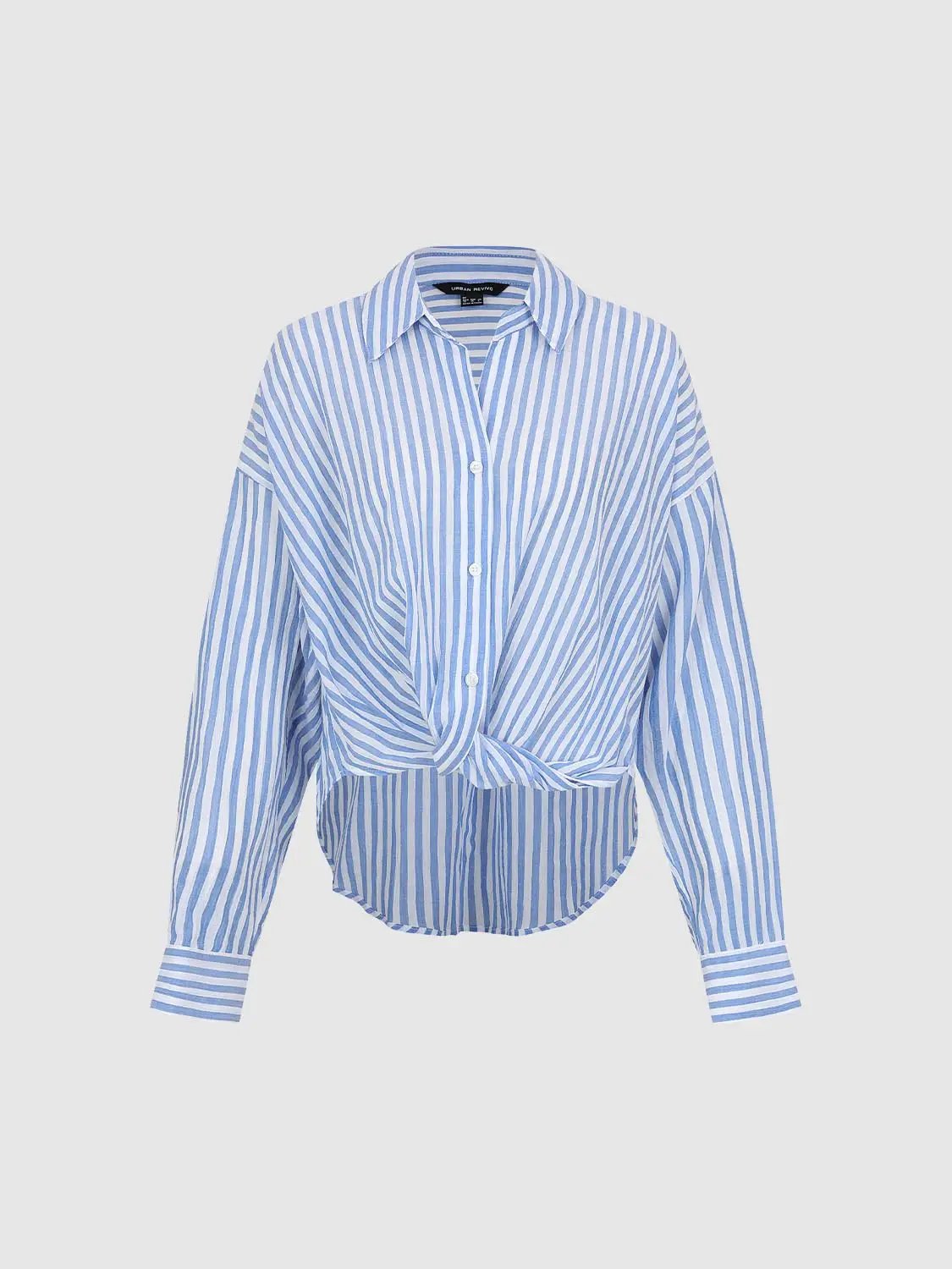 Twisted Front Striped Long Sleeve Cotton Shirt