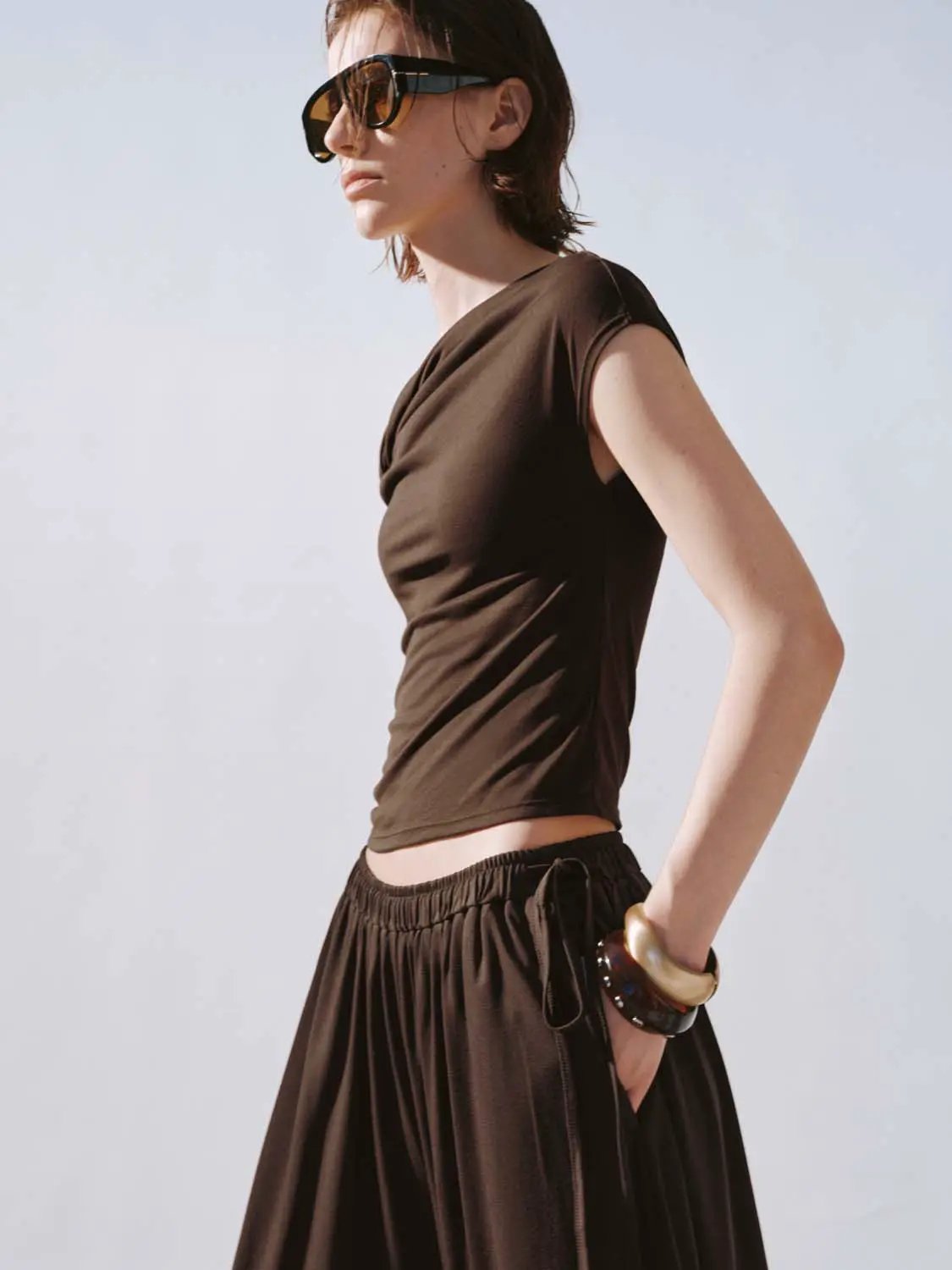 Short Sleeve One Shoulder Ruched Stretch Modal Blend Top