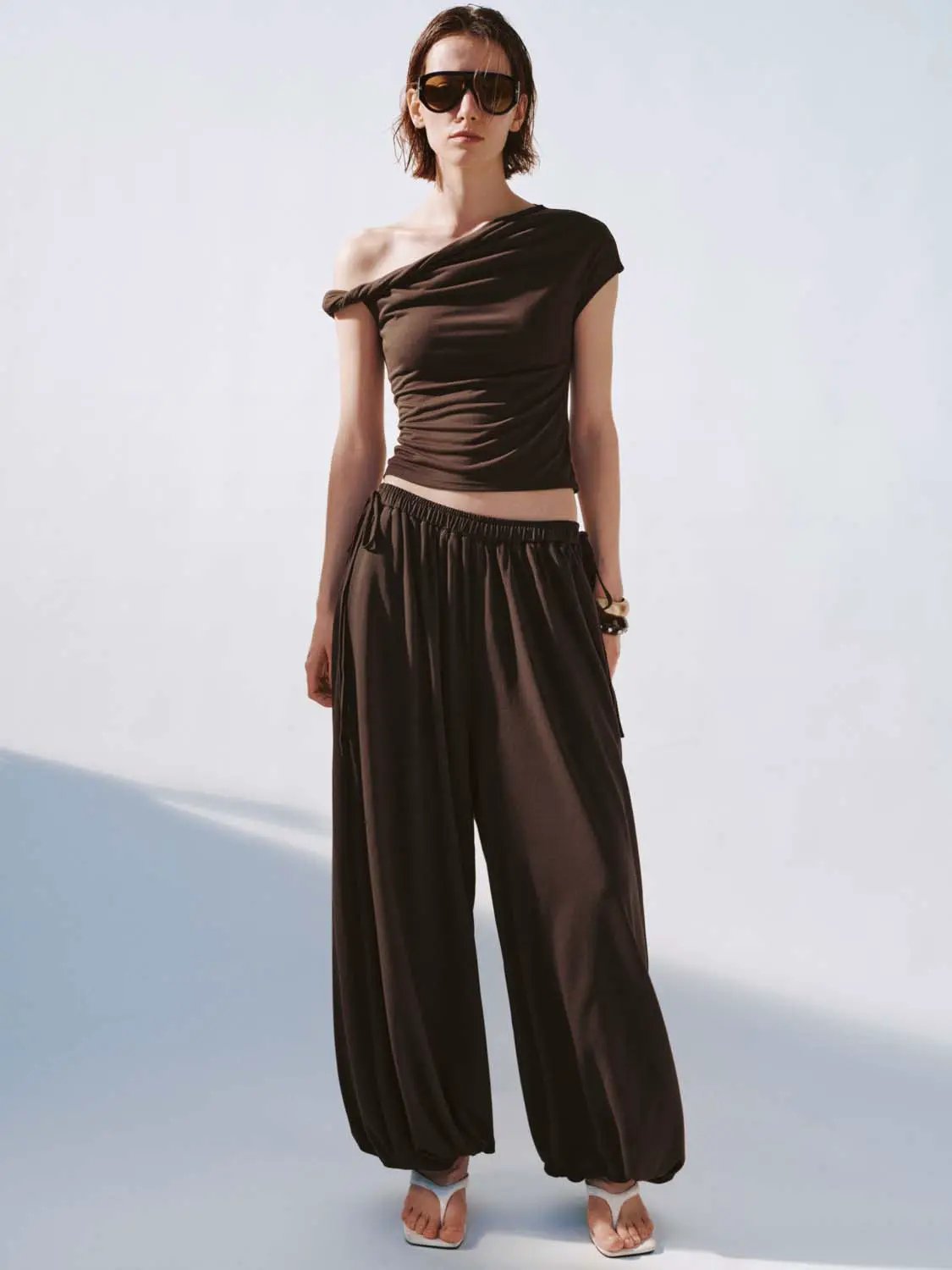 Short Sleeve One Shoulder Ruched Stretch Modal Blend Top