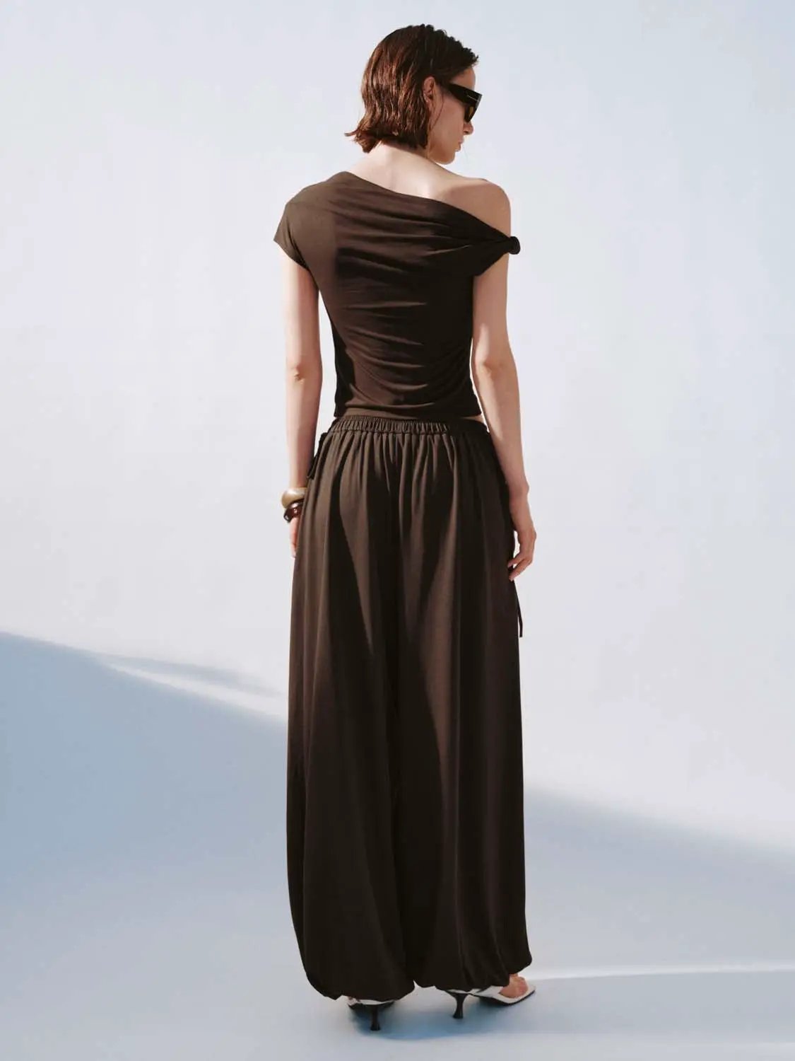 Short Sleeve One Shoulder Ruched Stretch Modal Blend Top
