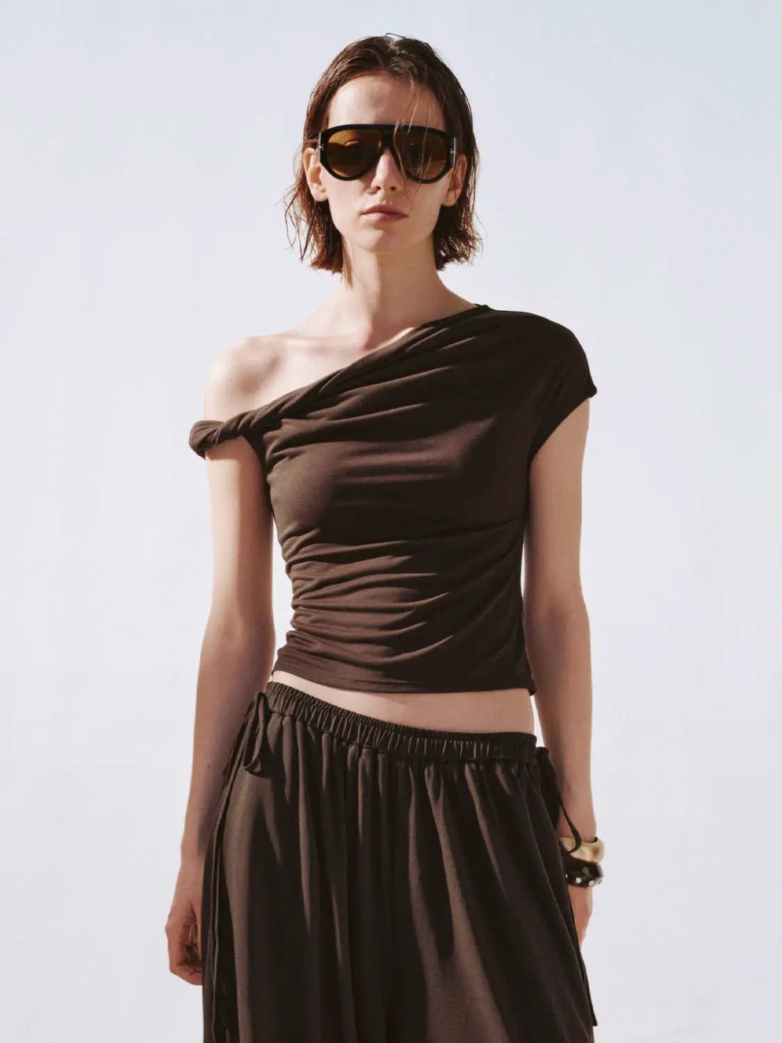 Short Sleeve One Shoulder Ruched Stretch Modal Blend Top