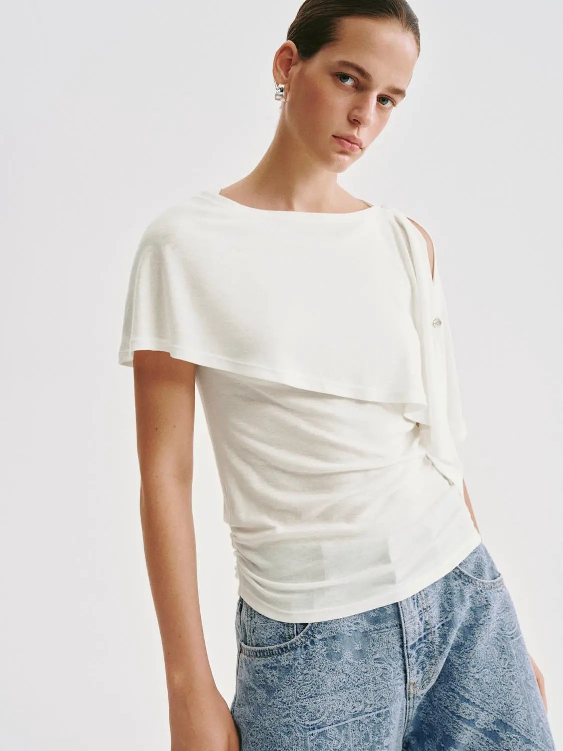 One Shoulder Draped Overlay Lyocell Linen Blend T-shirt