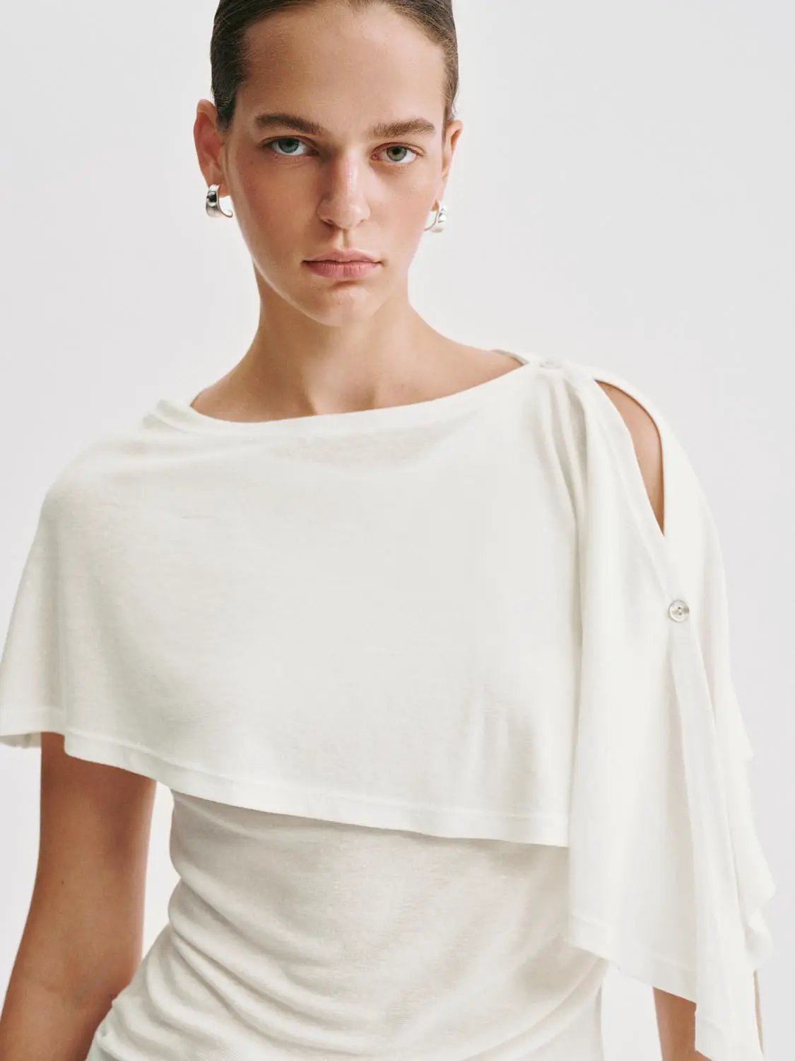 One Shoulder Draped Overlay Lyocell Linen Blend T-shirt