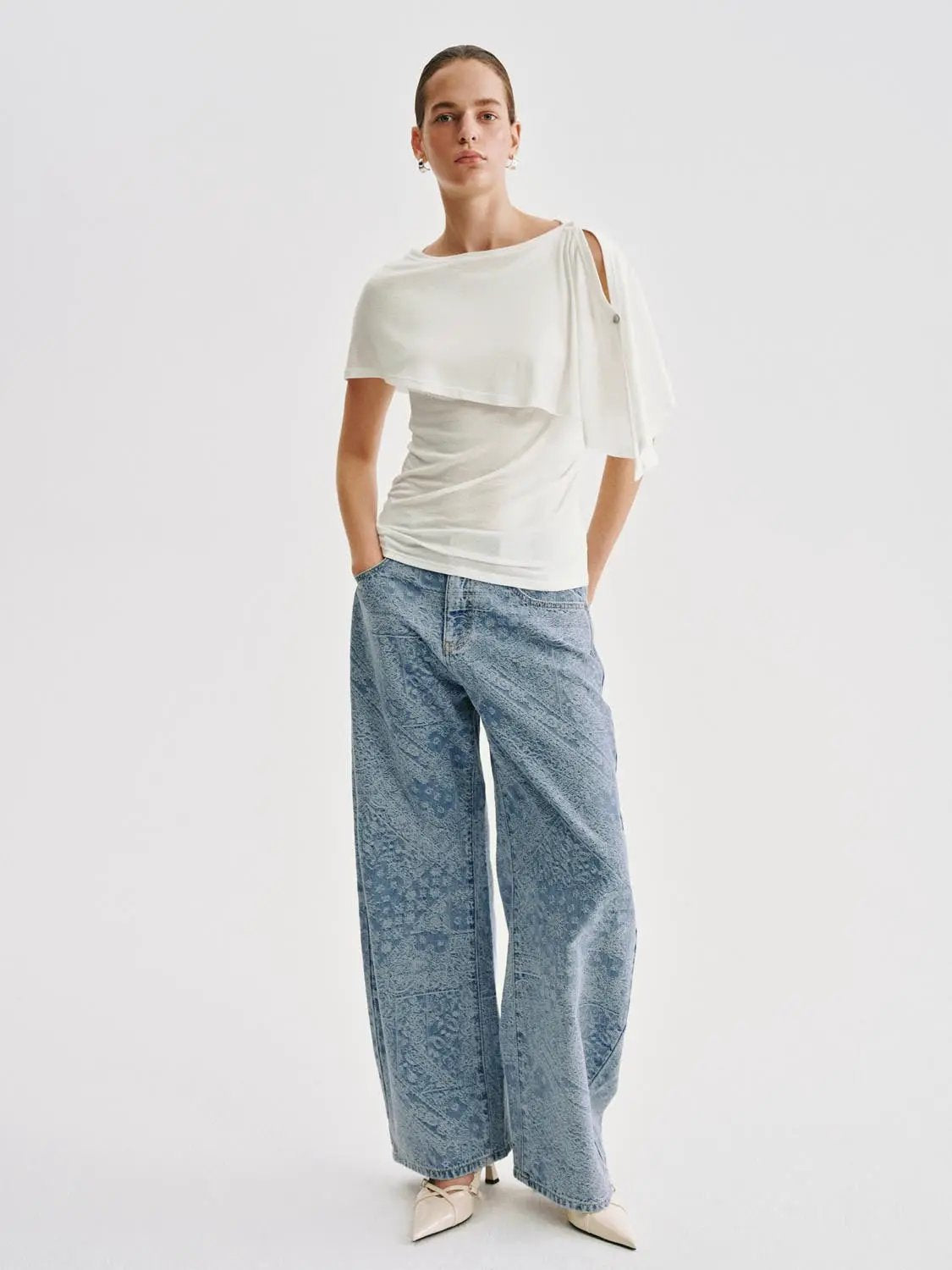 One Shoulder Draped Overlay Lyocell Linen Blend T-shirt