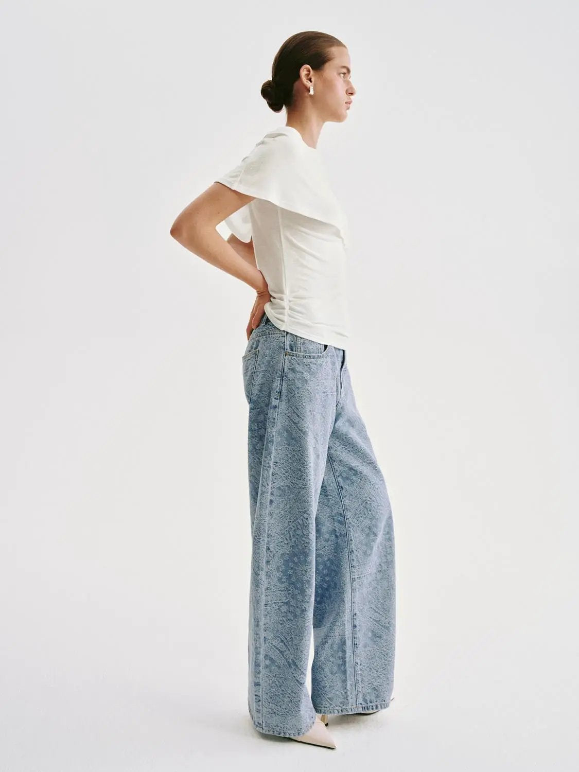 One Shoulder Draped Overlay Lyocell Linen Blend T-shirt