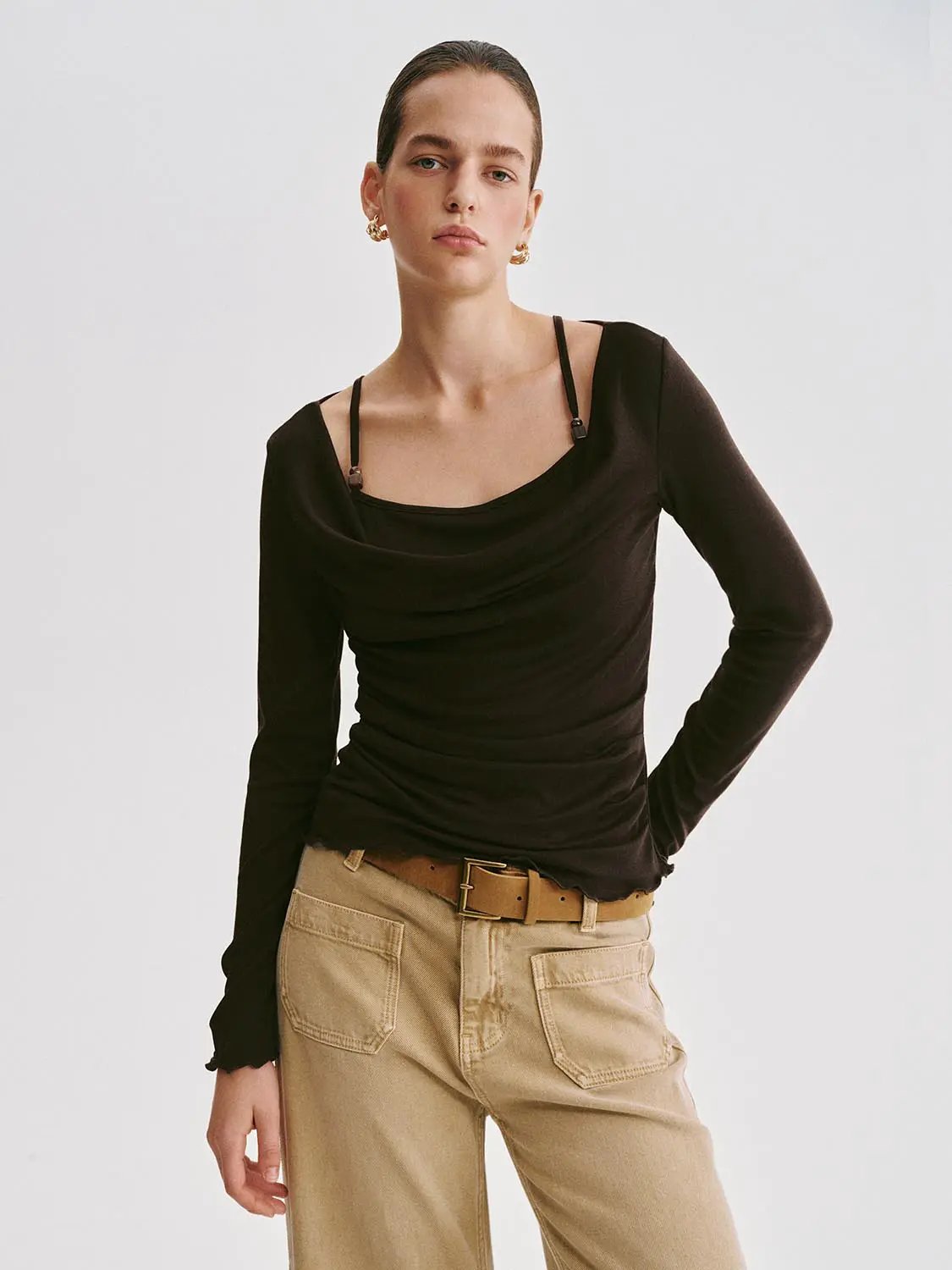 Draped Cowl Neck Long Sleeve Knit T-shirt