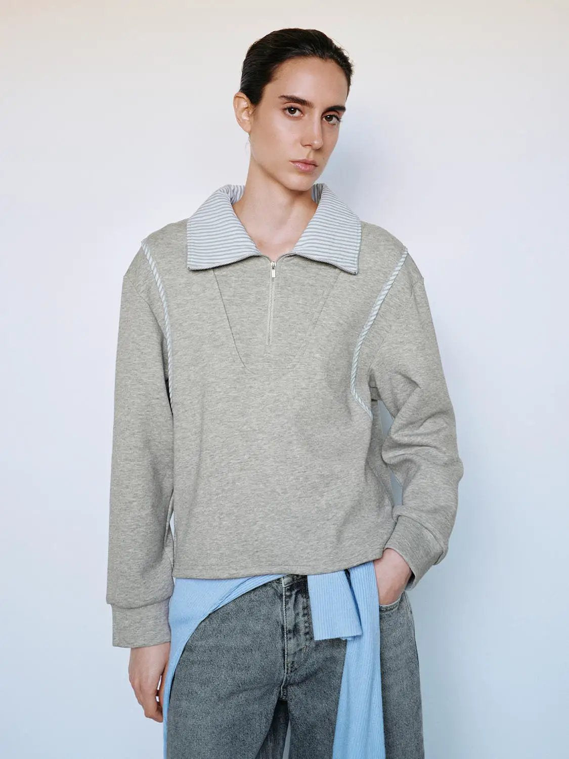 Striped Collar Half Zip Long Sleeve Cotton Blend Sweatshirt
