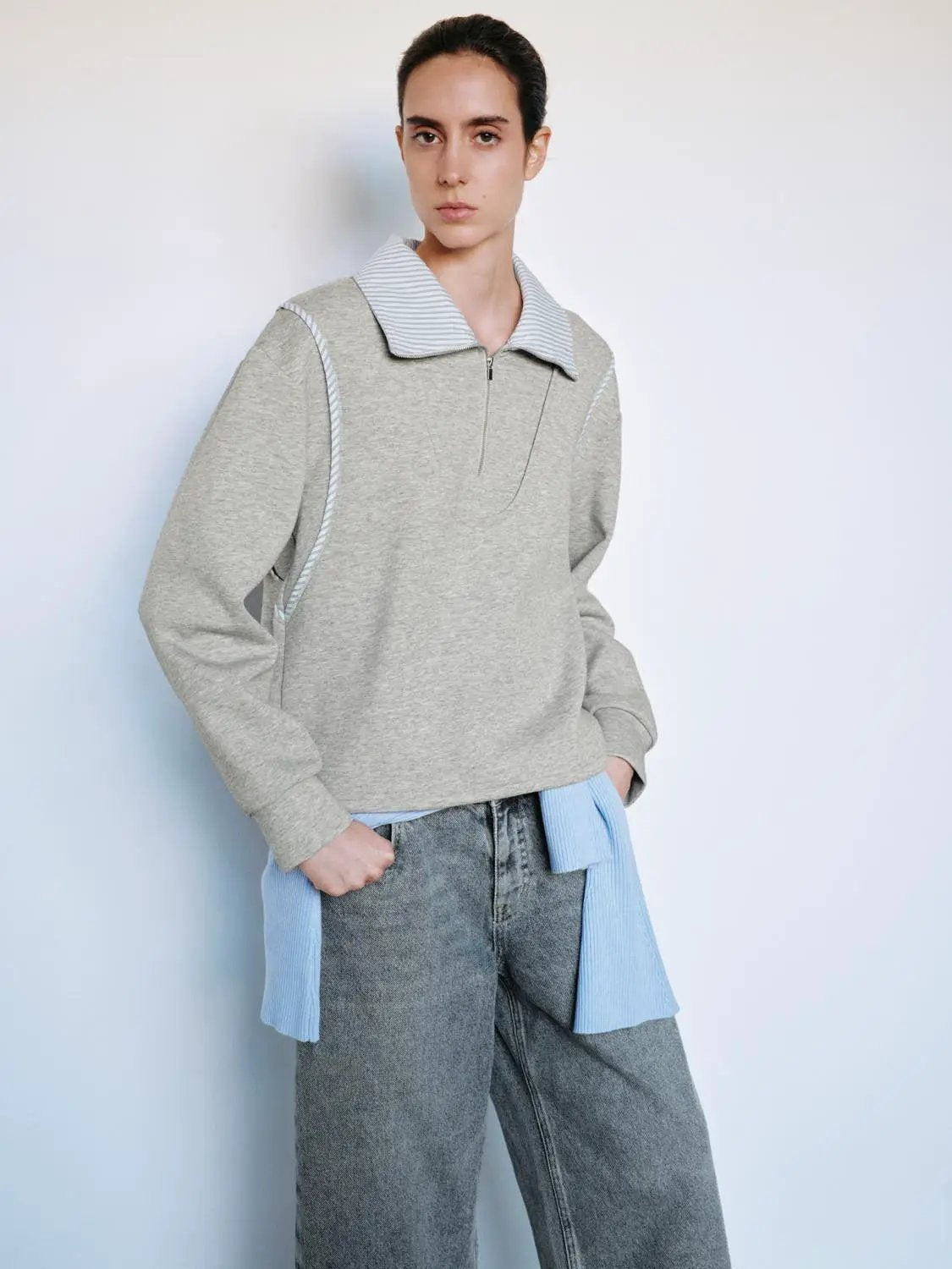 Striped Collar Half Zip Long Sleeve Cotton Blend Sweatshirt