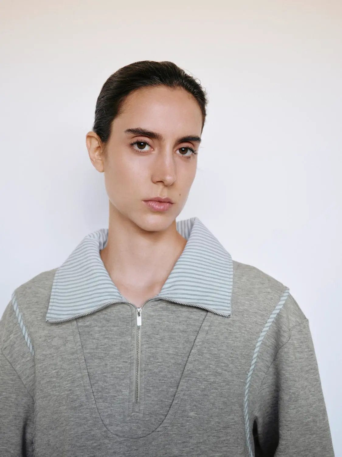 Striped Collar Half Zip Long Sleeve Cotton Blend Sweatshirt
