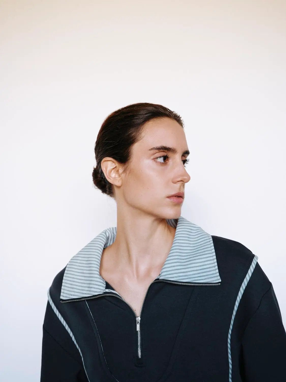 Striped Collar Half Zip Long Sleeve Cotton Blend Sweatshirt