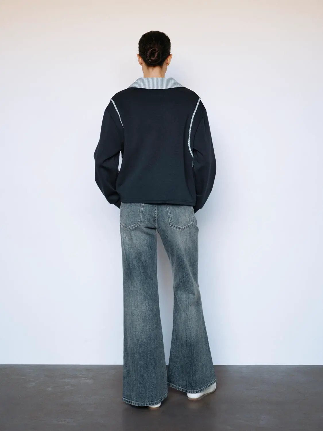 Striped Collar Half Zip Long Sleeve Cotton Blend Sweatshirt