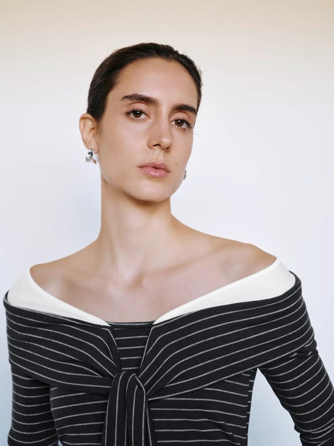 Ruched Striped Tie Front Boat Neck Long Sleeve Top