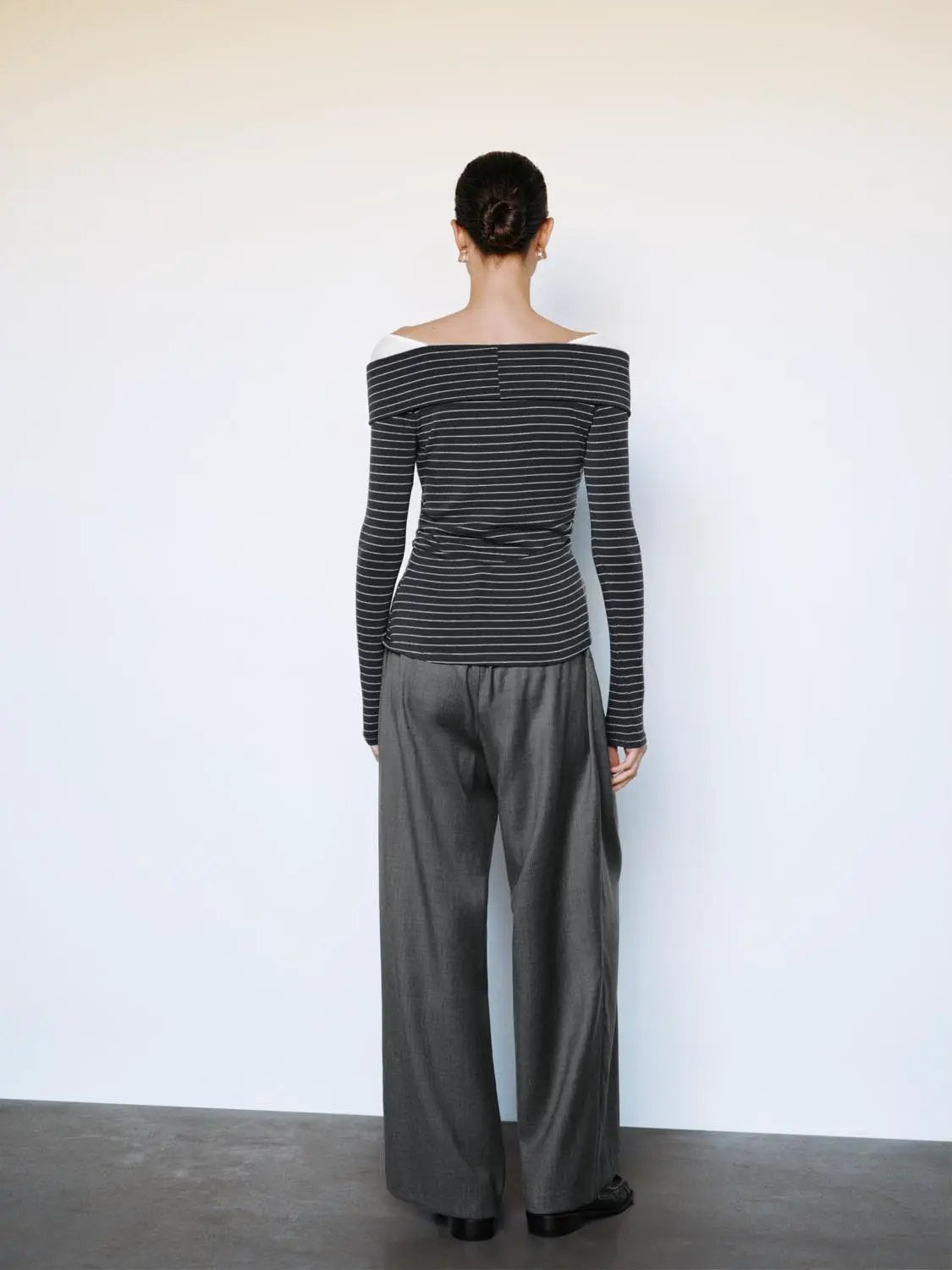 Ruched Striped Tie Front Boat Neck Long Sleeve Top