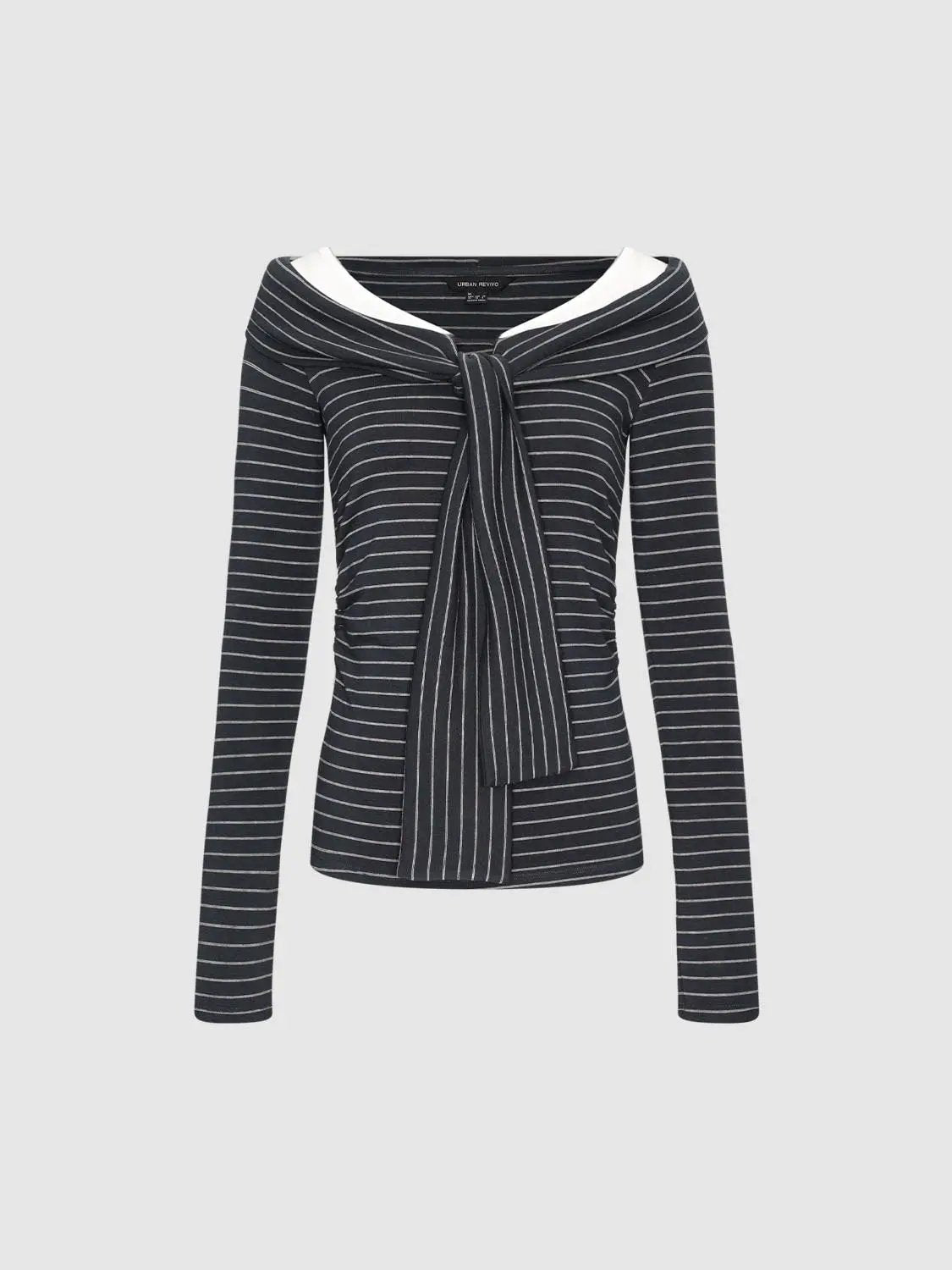 Ruched Striped Tie Front Boat Neck Long Sleeve Top