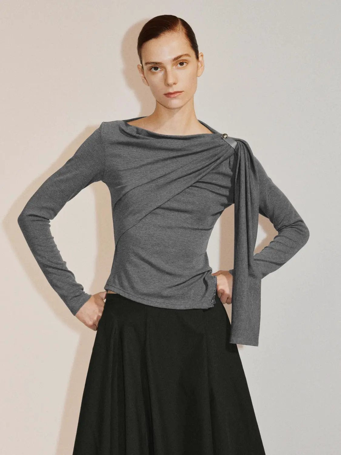 Draped One-Shoulder Long Sleeve Blouse