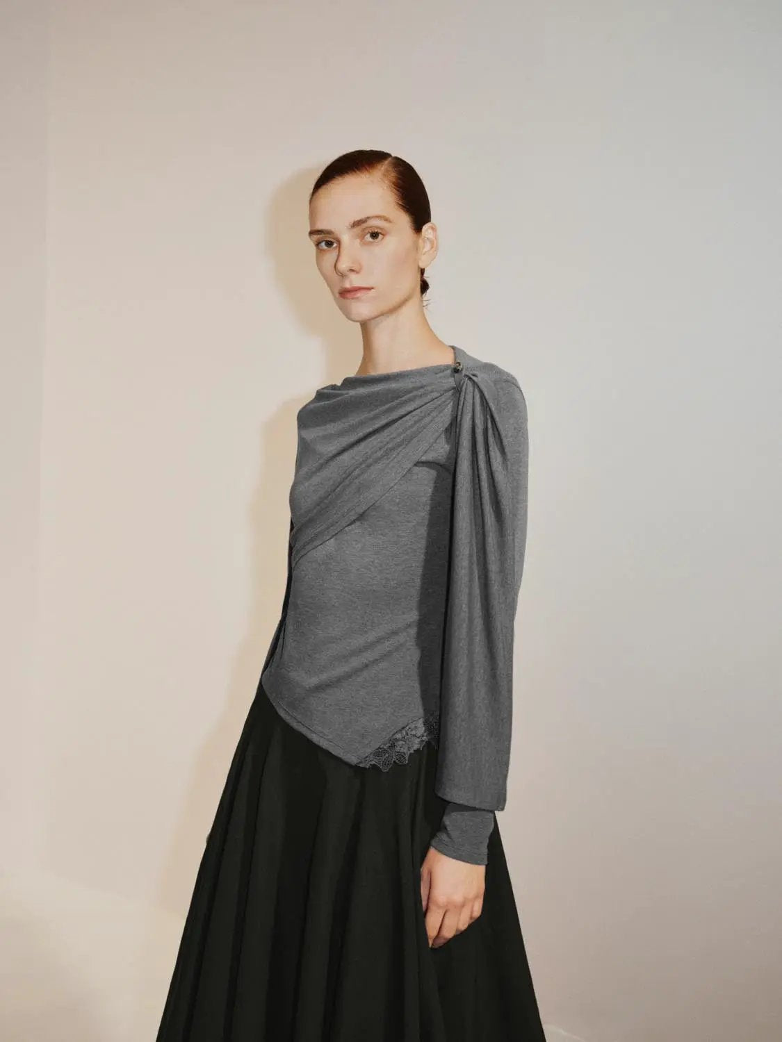 Draped One-Shoulder Long Sleeve Blouse