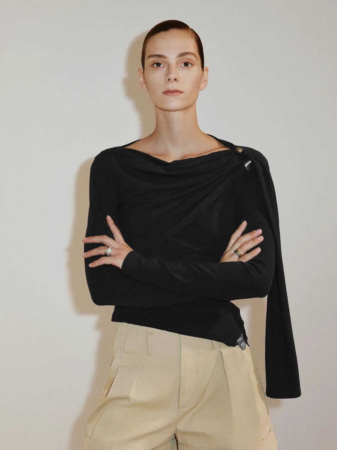 Draped One-Shoulder Long Sleeve Blouse